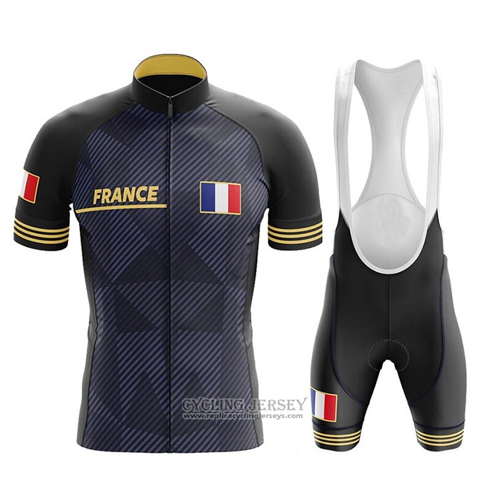 2020 Cycling Jersey Champion France Deep Blue Yellow Short Sleeve And Bib Short
